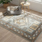 Decorative rug with geometric pattern in a room with a small table and plant.