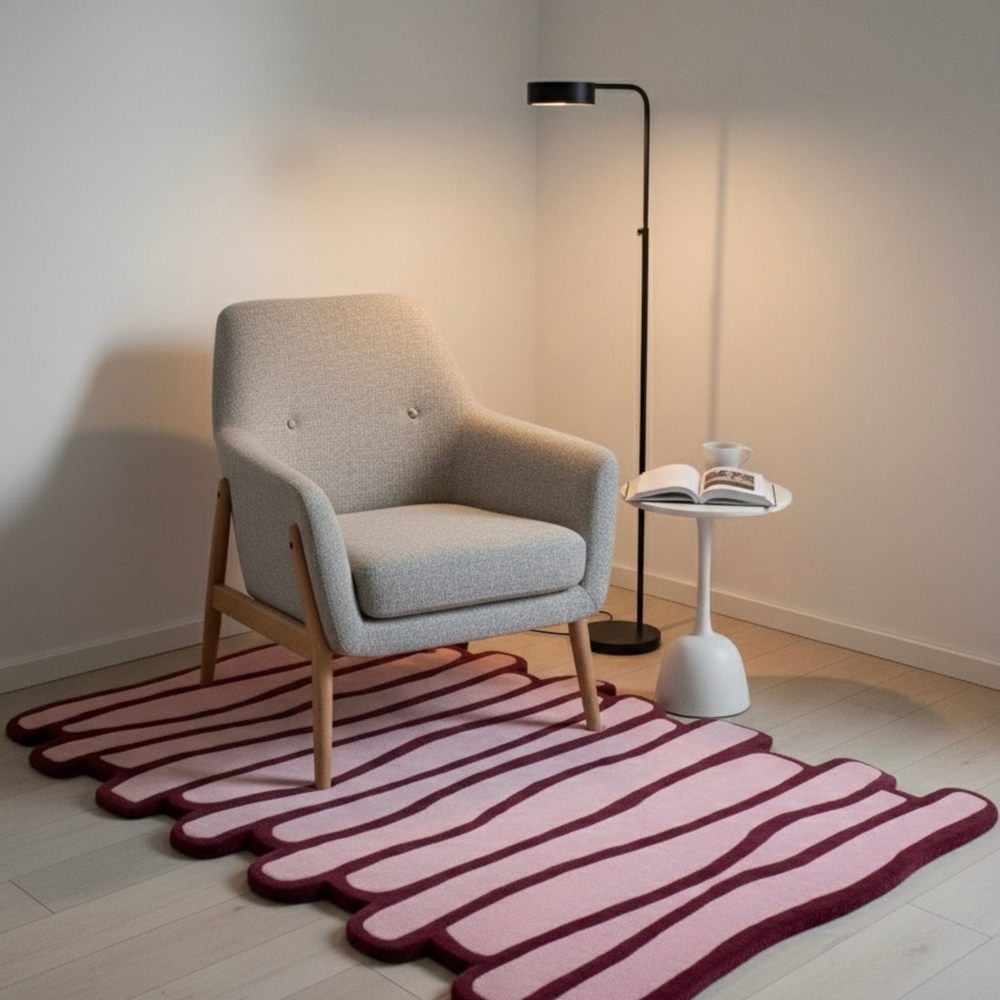 Gray armchair on a pink and red striped rug with a floor lamp and small table in a minimalistic room.