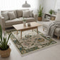 Modern living room with a beige sectional sofa, wooden coffee table, and patterned rug.