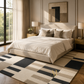 A modern bedroom scene featuring a large geometric area rug with black, beige, and gray blocks on a wood floor. The rug is styled under a bed with neutral bedding, flanked by matching bedside tables, lamps, and a window with sheer curtains.