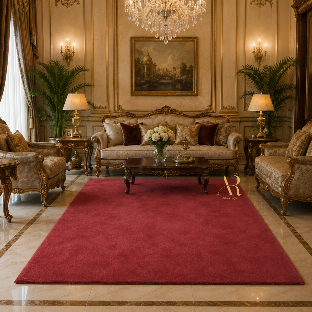 Luxurious living room with ornate furniture, a red rug, and classical decor.