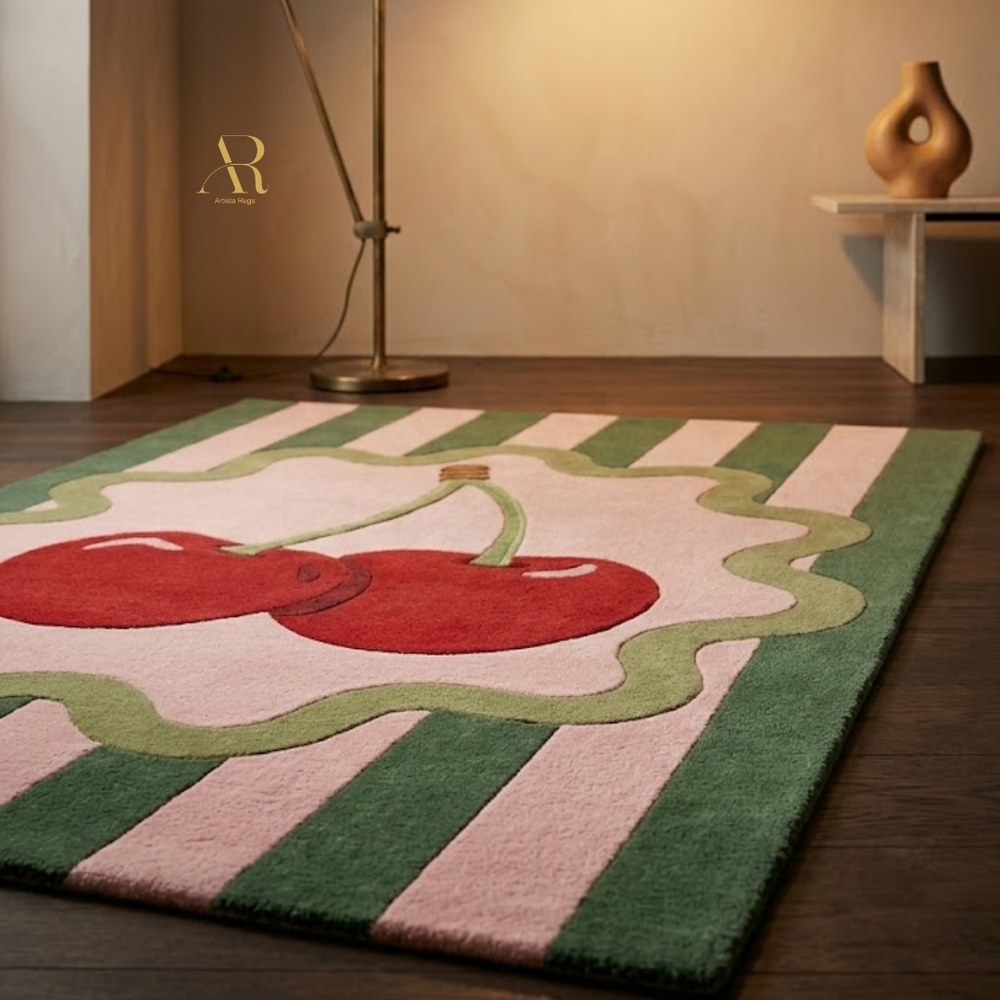 Decorative rug with cherry design in a room setting