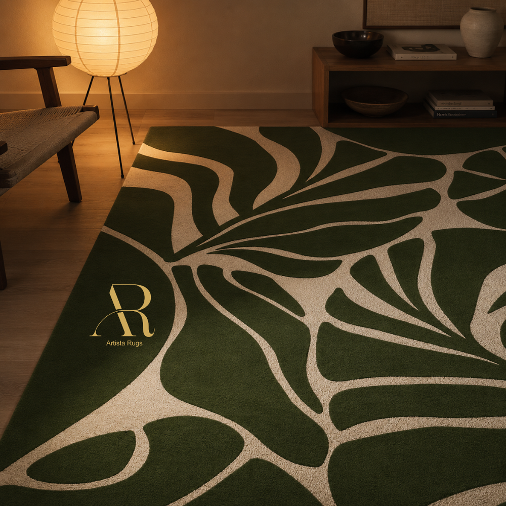 A green and beige leaf-patterned area rug styled in a warm, modern living room setting with a wooden floor, a lit floor lamp, and a wooden console table in the background. The brand logo 'Artina Rugs' is visible in gold near the bottom left of the rug.