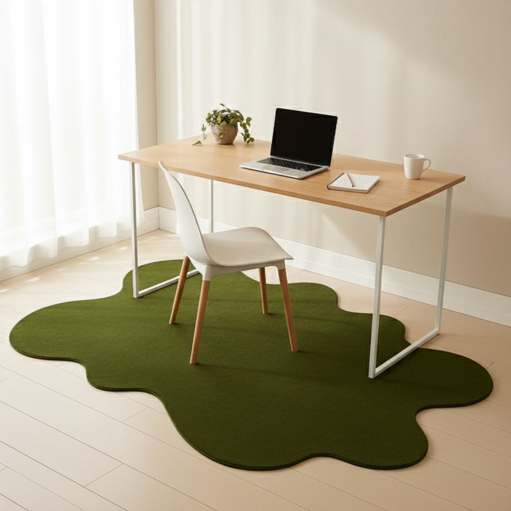 Modern home office with a desk, chair, and laptop on a green rug.