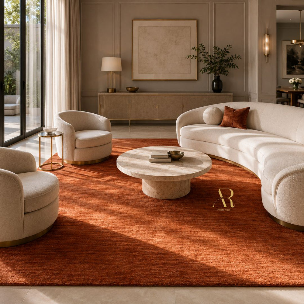 A large rust-orange area rug in a modern living room setting, styled with a curved cream sofa, two matching armchairs, a round stone coffee table, and tasteful decor.