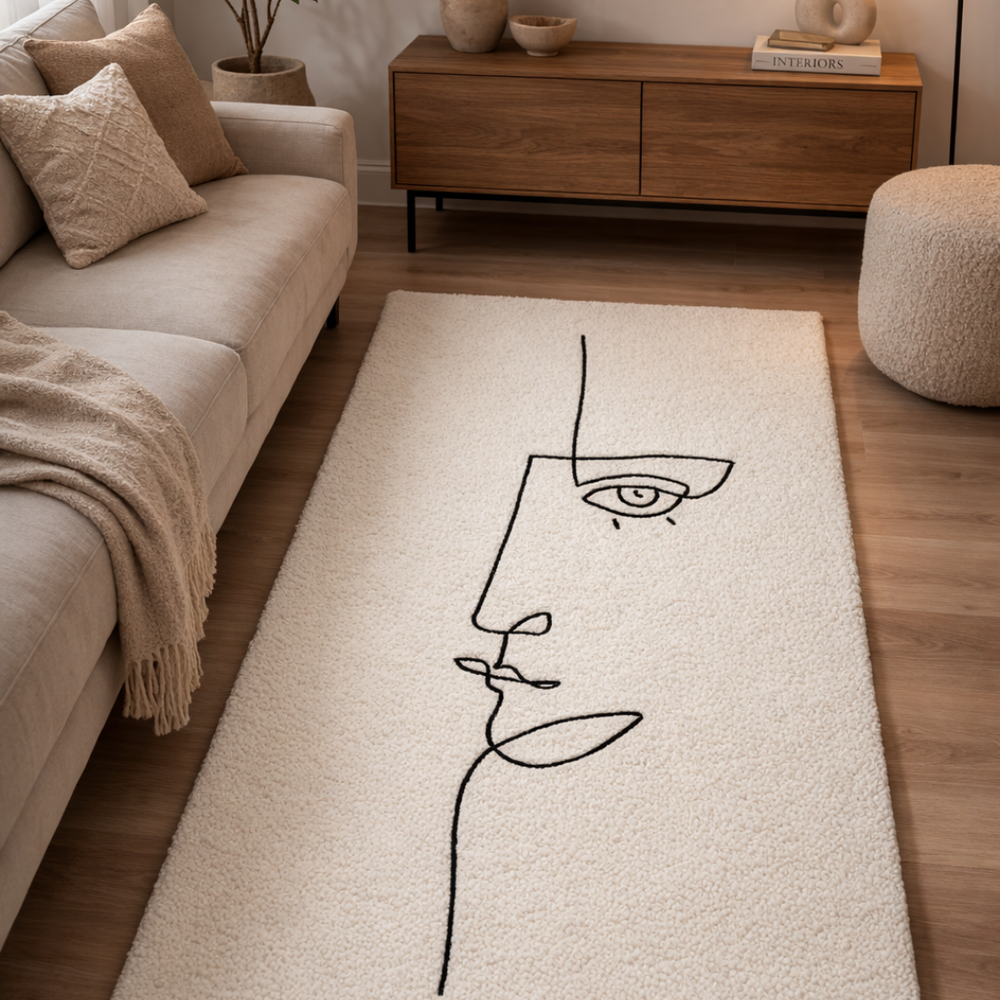 Beige rug with a black line art face design in a living room setting.