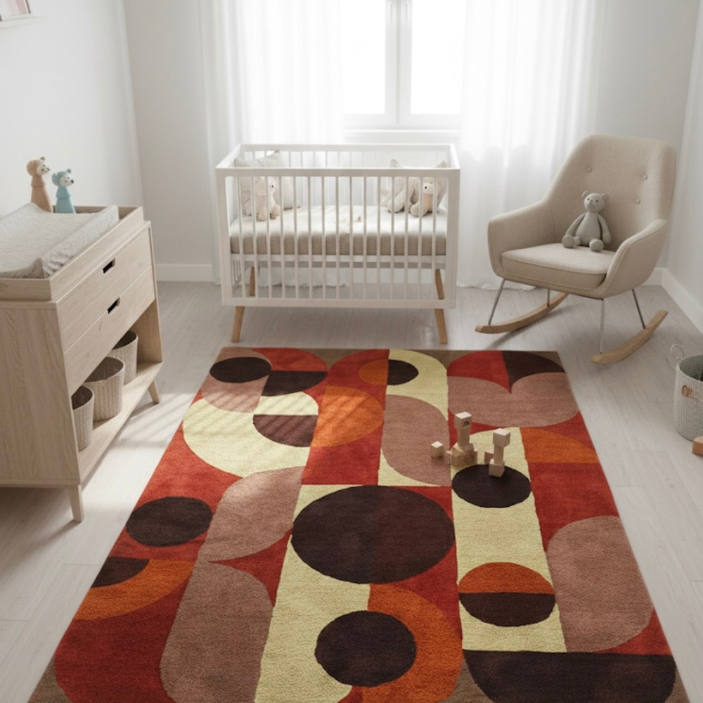 Nursery room with a colorful rug, crib, and rocking chair.