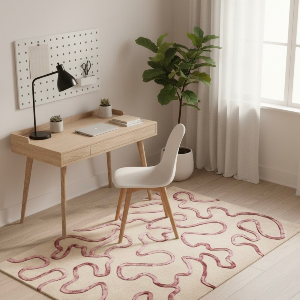 Modern home office with wooden desk, white chair, and decorative rug.