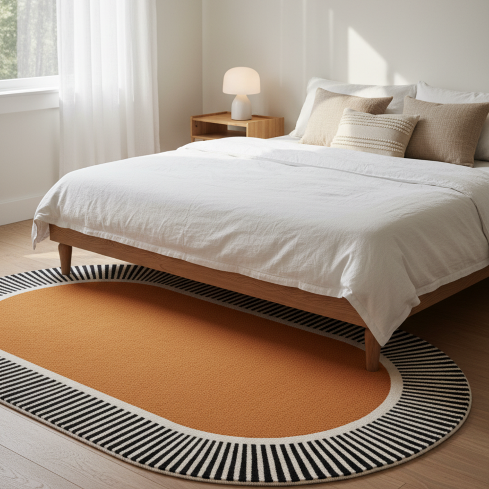 Bedroom with a wooden bed, white bedding, and an orange rug with black stripes.