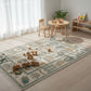 Children's playroom with a colorful rug, wooden toys, and furniture.
