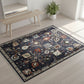 Decorative rug with intricate patterns on a light wooden floor.