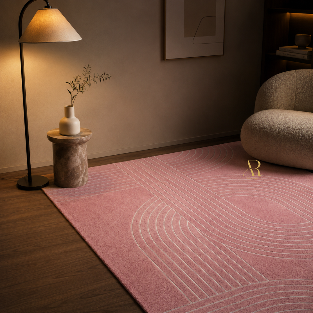 A pink area rug with a white curved geometric line pattern, styled in a modern living room setting on a dark wood floor next to a floor lamp and a beige armchair.