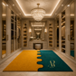 A luxury walk-in closet interior with mirrored cabinetry, a crystal chandelier, and a large two-tone area rug in mustard yellow and teal with a wavy seam and a gold monogram logo.