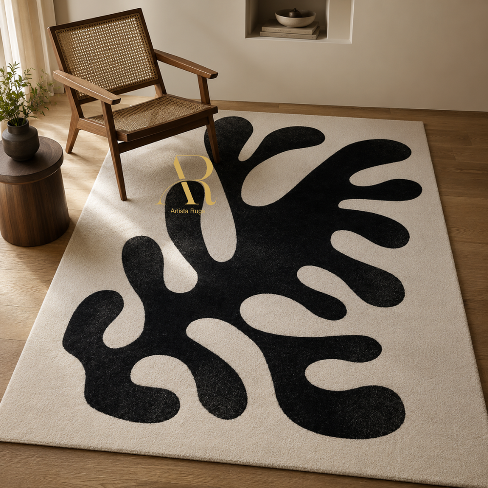 A large rectangular area rug with an abstract black organic pattern on a warm off-white background, styled in a modern living room setting with a wooden armchair, side table, and plant.