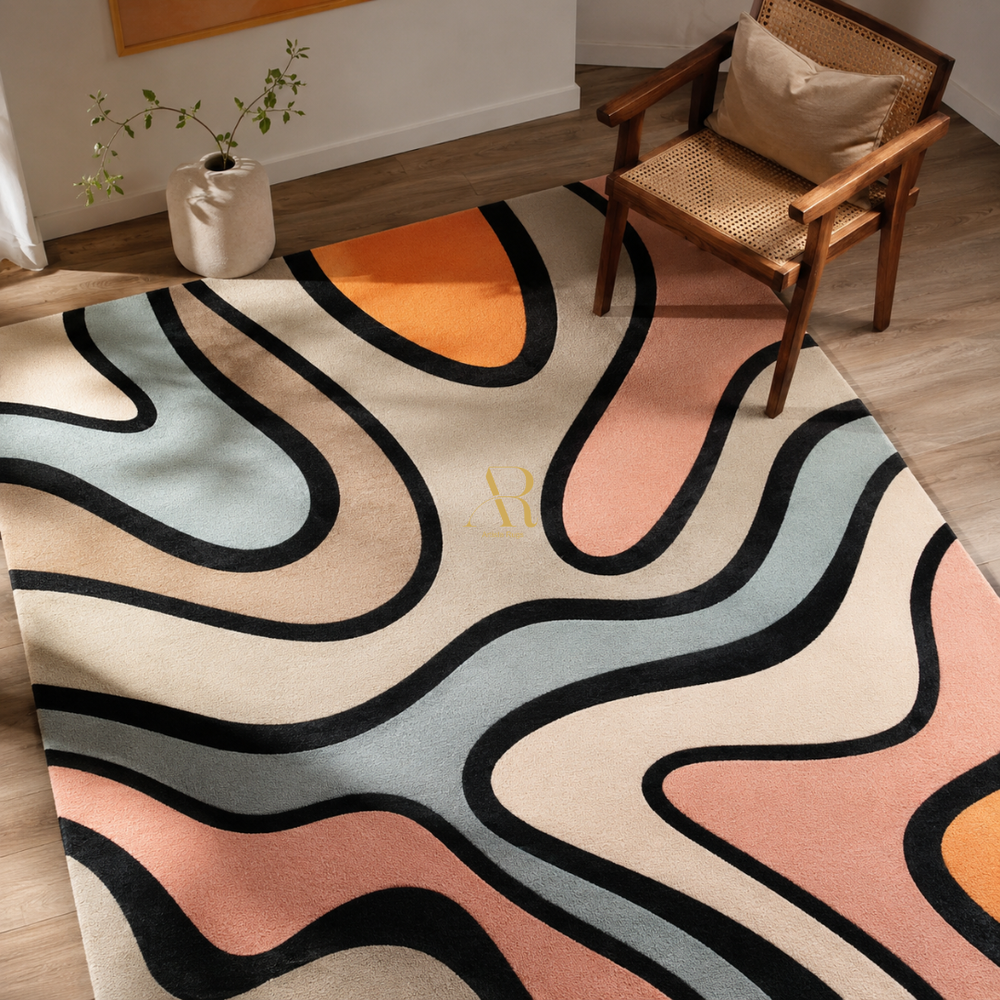 A modern abstract area rug with flowing wavy lines in beige, blush pink, light blue, orange, and black, styled on a light wood floor next to a wooden armchair.