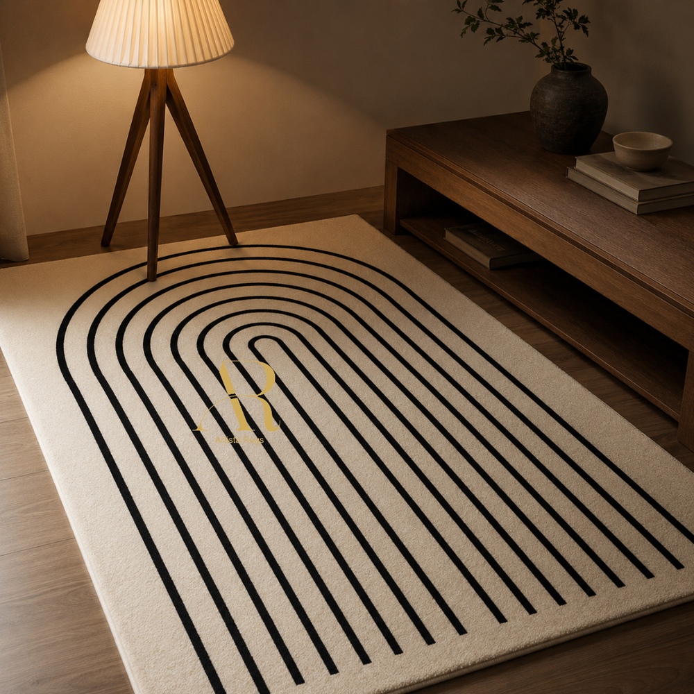 A cream-colored area rug with a bold black arched stripe pattern, styled in a warm, modern living room next to a wooden floor lamp and a low wooden console table.