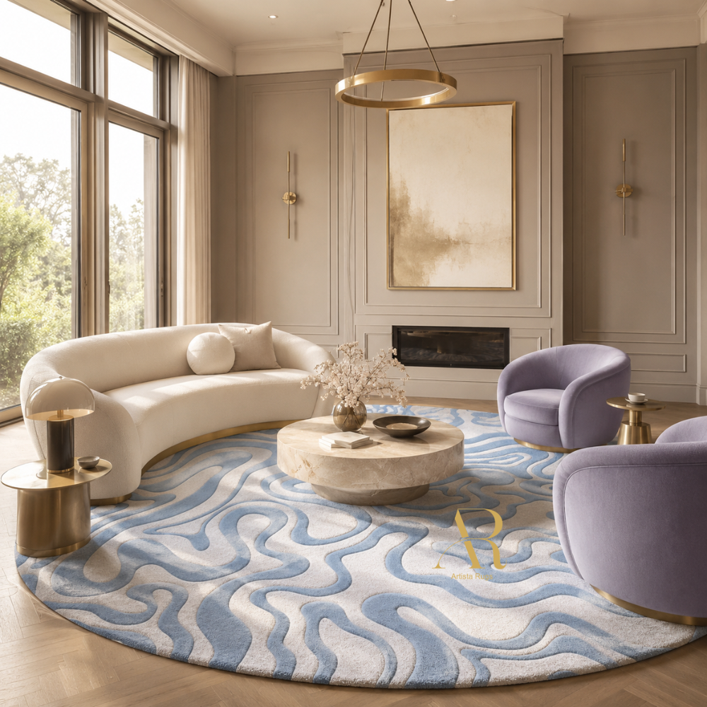 A luxury modern living room featuring a large round area rug with a wavy light blue and white pattern, styled with a curved cream sofa, purple accent chairs, and a marble coffee table.