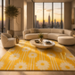 A modern living room with a curved cream sectional sofa, matching armchair, round coffee table, and a large mustard yellow area rug with a white daisy and stripe pattern. The room is set in a high-rise apartment with a city skyline visible through floor-to-ceiling windows at sunset.