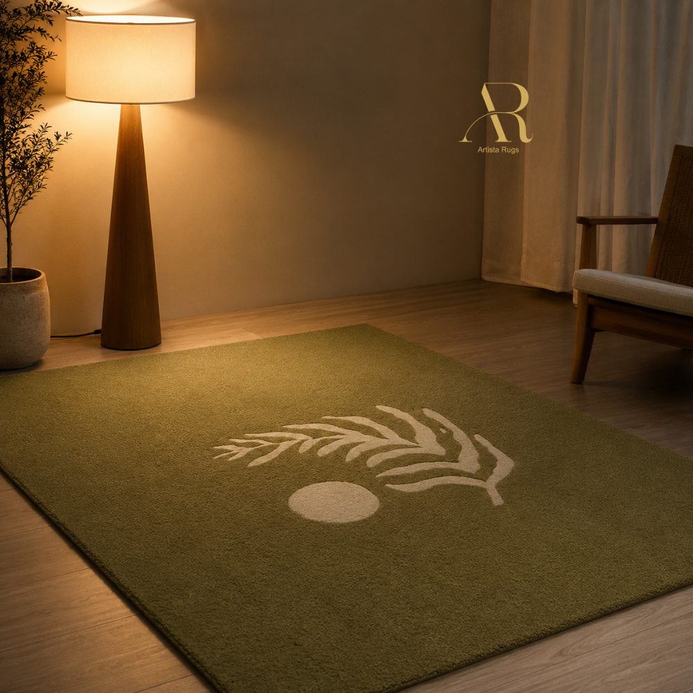 An olive green area rug with a cream-colored palm leaf and circle motif, styled in a warm, modern living room setting with a floor lamp, wooden chair, and curtains.