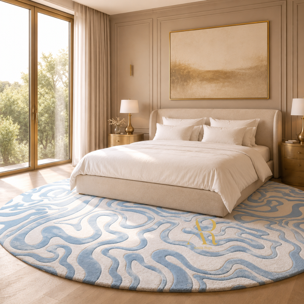 A large round area rug with a wavy abstract pattern in light blue, beige, and cream, styled in a modern bedroom setting with a bed, nightstands, and large windows.