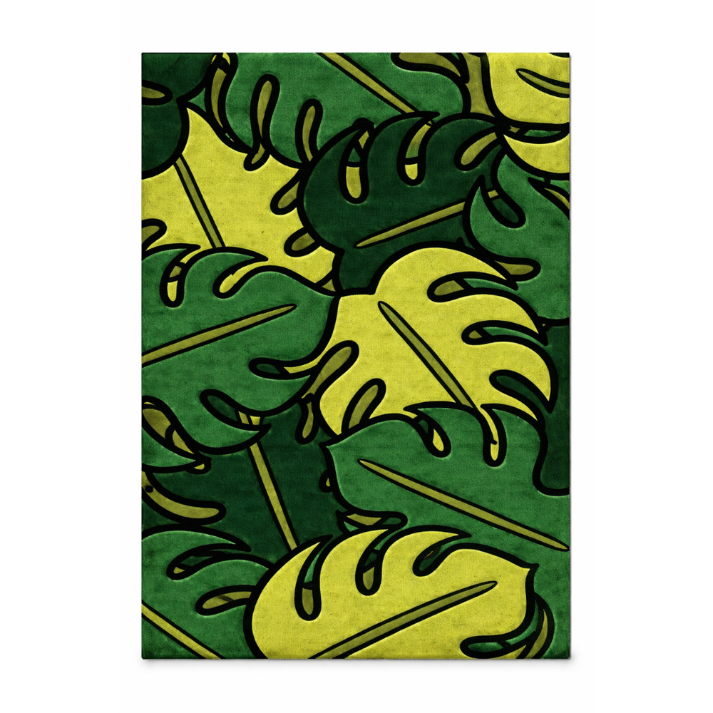 Rug with green and yellow leaf pattern on a white background