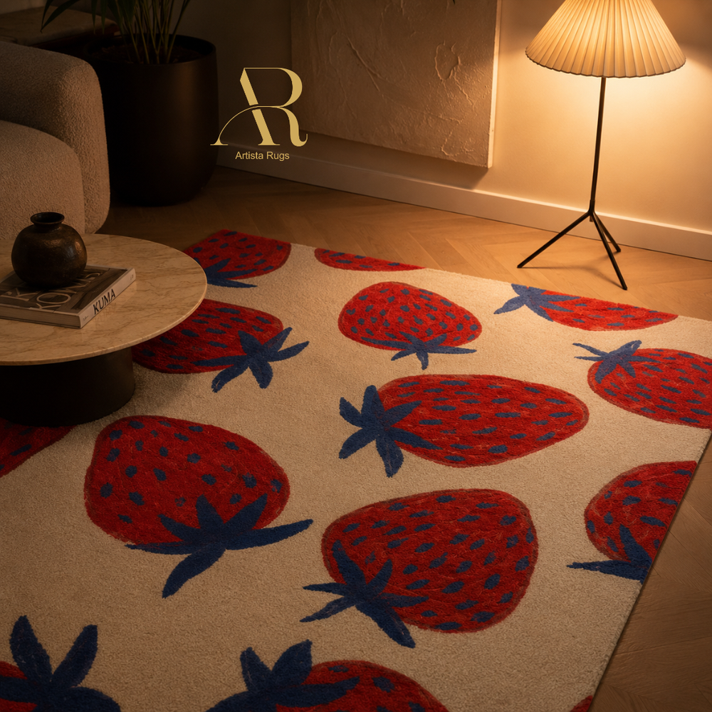 A cream-colored area rug with a bold pattern of large red strawberries and dark blue leafy tops, styled in a warm, modern living room setting with a floor lamp and wooden furniture.