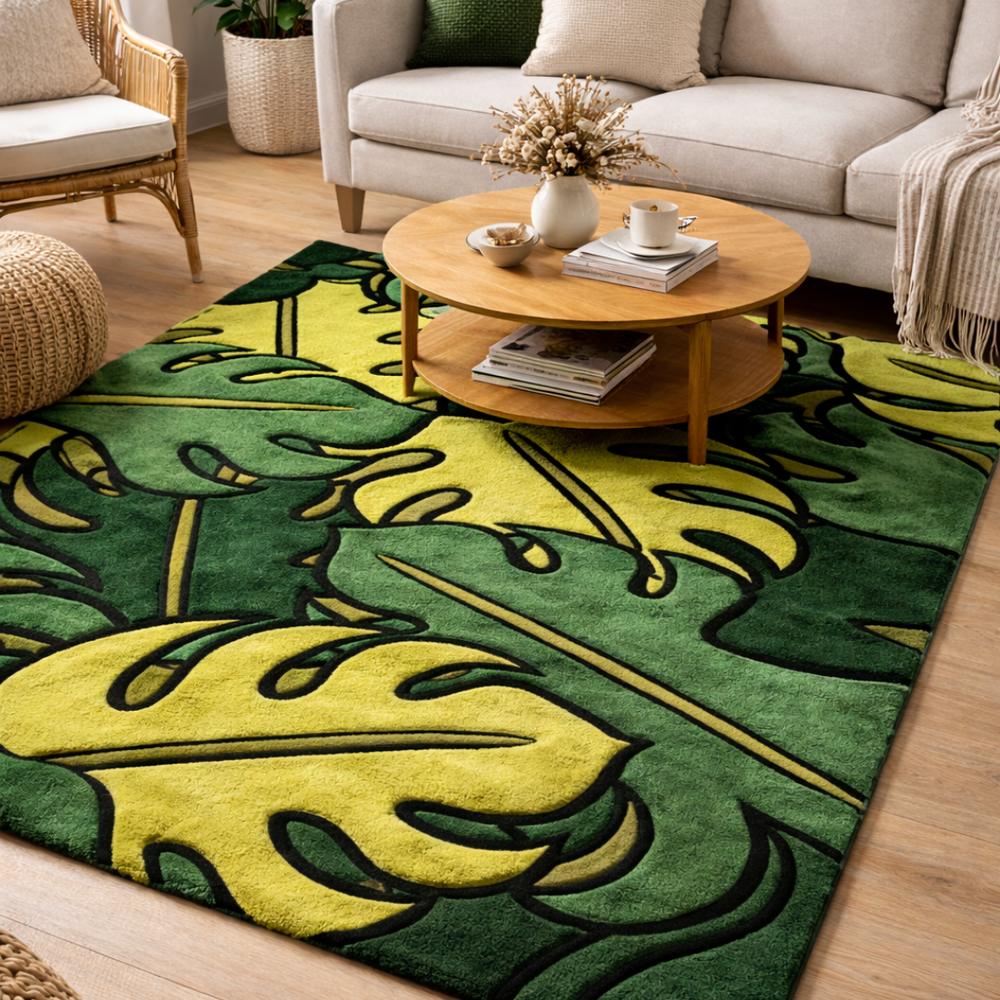 Living room with a green and yellow leaf-patterned rug, wooden coffee table, and beige sofa.