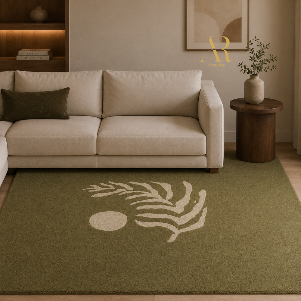 An olive green area rug with a cream palm leaf and sun motif, styled in a modern living room setting in front of a beige sofa.