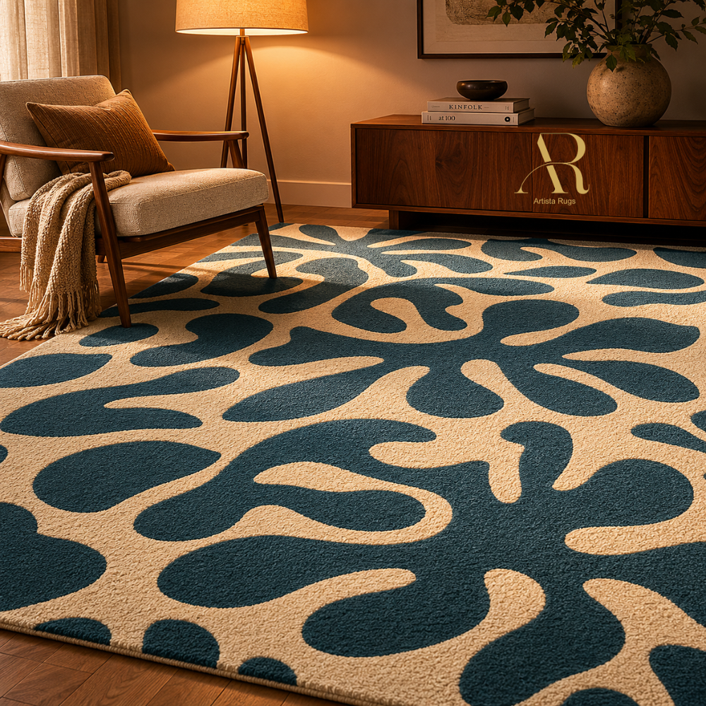 A large area rug with an abstract organic pattern in dark teal blue and warm cream, styled in a cozy living room setting next to a mid-century modern armchair and a wooden sideboard.