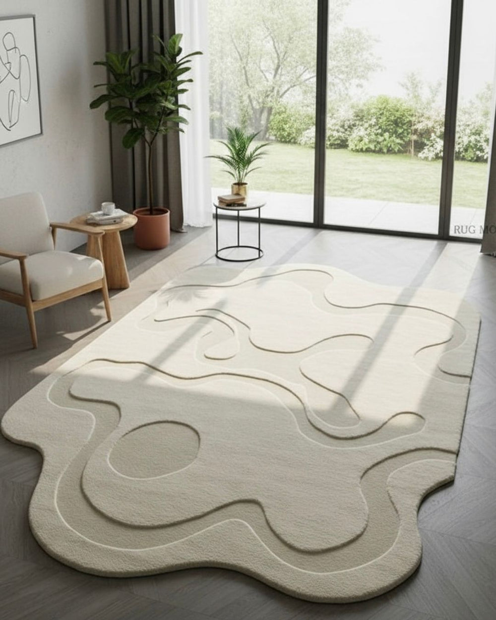Modern living room with a wavy patterned rug, chairs, and plants.