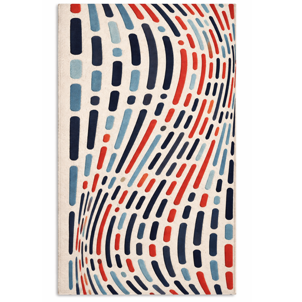Rectangular rug with a colorful abstract pattern on a white background