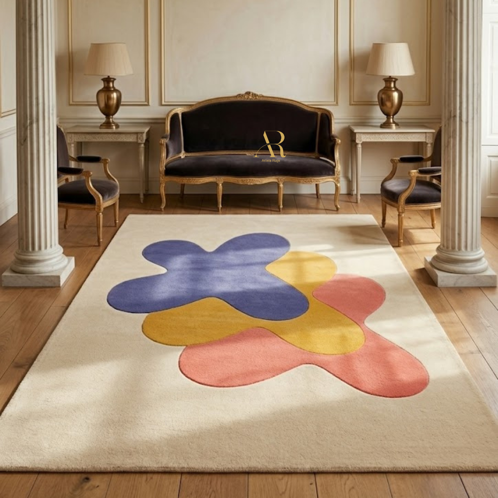 Colorful abstract rug on a wooden floor with a classical room setting.