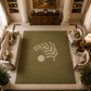 A large olive green area rug with a white palm leaf and circle motif, shown in a high-angle view of a luxurious, symmetrical living room with cream sofas and columns.