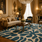 A large area rug with a bold blue and beige abstract wave pattern is shown in a luxurious, classic-style living room with gold-trimmed furniture, a crystal chandelier, and warm lighting.