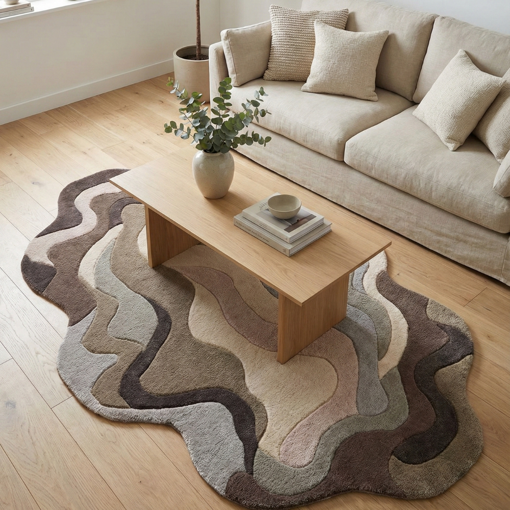 Living room with a patterned rug, beige sofa, and wooden coffee table.