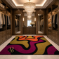 A large area rug with an abstract wavy pattern in mustard yellow, magenta, orange, and black, displayed in a luxurious walk-in closet with dark wood cabinetry and a crystal chandelier.