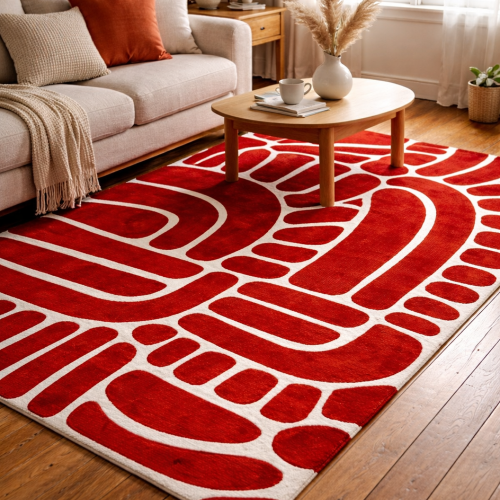 Living room with a red and white patterned rug, beige sofa, and wooden coffee table.