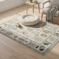 Decorative rug with intricate patterns on a wooden floor, featuring a pet bed and chair.