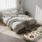 Neatly made bed in a bright bedroom with a decorative rug on the floor.