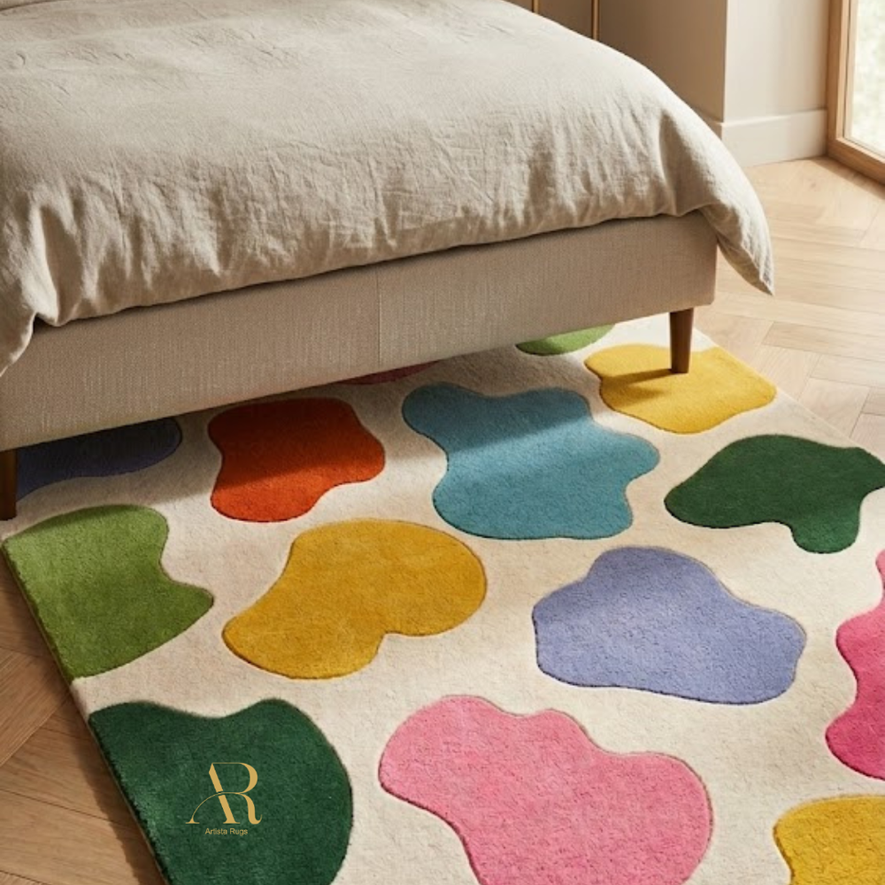 Colorful abstract rug with a brand logo on a wooden floor.