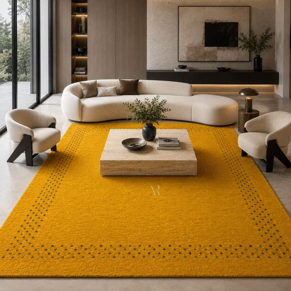 A large mustard yellow area rug with black geometric border patterns, styled in a modern living room with a curved cream sofa, two matching armchairs, and a light wood coffee table.