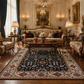Luxurious living room with ornate furniture, a large mirror, and decorative elements.