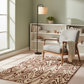 Living room with a patterned rug, chair, and bookshelf.