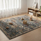 Decorative rug with toys on a wooden floor in a room with white curtains and a bookshelf.
