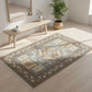 Decorative rug with geometric pattern on a wooden floor in a room with a mirror and plant.