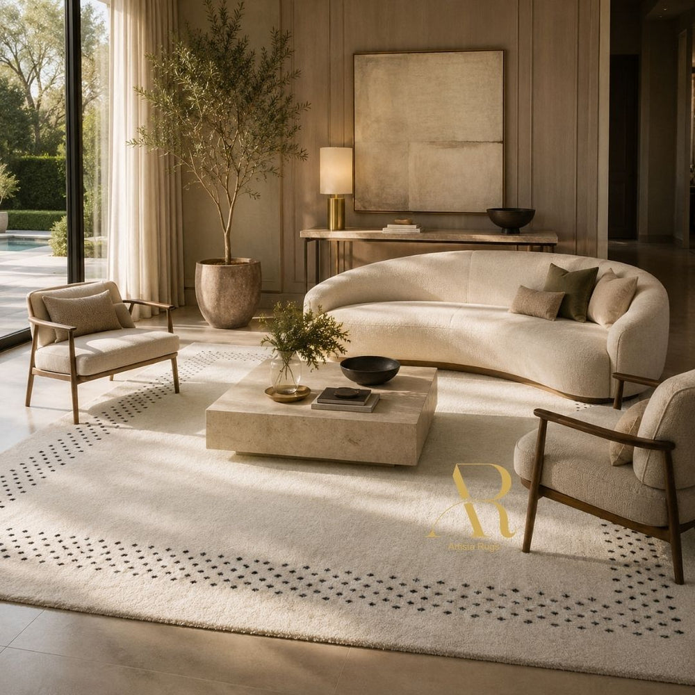 A luxury living room scene featuring a large cream-colored area rug with black dotted geometric borders, styled with a curved cream sofa, two matching armchairs, a stone coffee table, and warm ambient lighting.