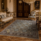 Luxurious room with ornate furniture, a large patterned rug, and a chandelier.