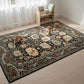 Decorative rug with intricate patterns on a wooden floor, with toys and a bookshelf in the background.