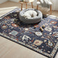 Dog resting on a patterned rug in a home setting