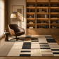 A modern geometric area rug with a checkerboard pattern in beige, cream, and charcoal gray, styled in a warm, sunlit living room next to a brown leather armchair and a large wooden bookshelf.